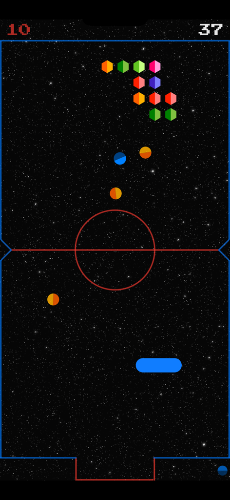 Captura de pantalla del juego de Space-Bar mostrando una pala azul y múltiples bolas rompiendo ladrillos coloridos en un entorno espacial estrellado.