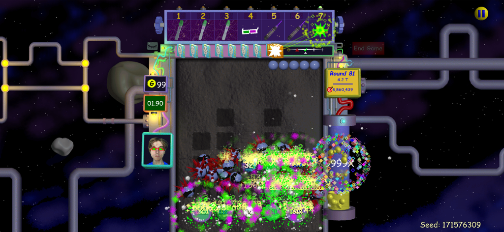 Nubby's Number Factory - A gameplay screenshot of the plinko-style roguelike Nubby's Number Factory showing high scores and colorful effects