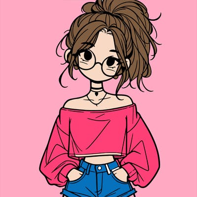 girl with a messy ponytail glasses a baggy crop top and jean shorts