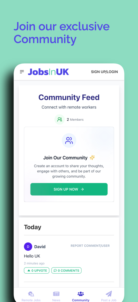 JobsInUK.app - Find Jobs in UK - JobsInUK app community feed screen showing member connections and discussion posts