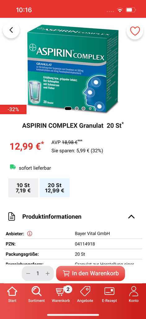 Detalles del producto Aspirin Complex en la aplicación de farmacia apotal que muestran un precio con descuento y la opción de añadir al carrito