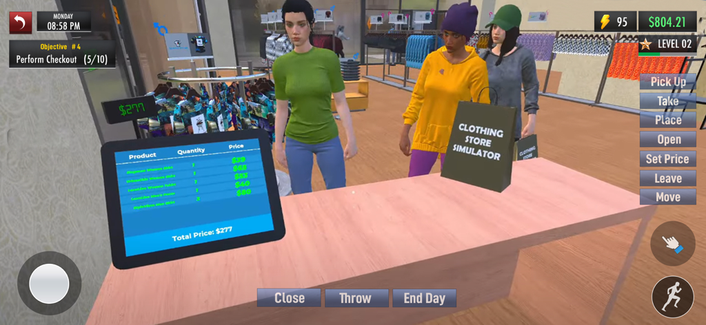 Clothing Store 3D Simulator - A 3D view of a clothing store checkout counter in-game showing a digital register and customers waiting in line.