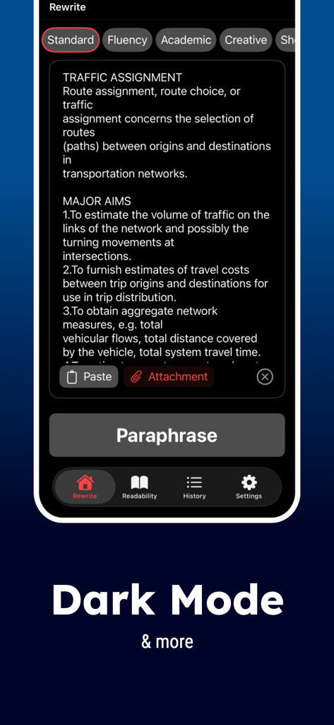 Paraphrase tool: AI Helper - AI Paraphrase Tool app interface in dark mode featuring multiple rewriting styles