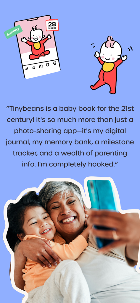 Una nonna e un nipote che si scattano un selfie accanto a una recensione dell'utente per l'app Tinybeans