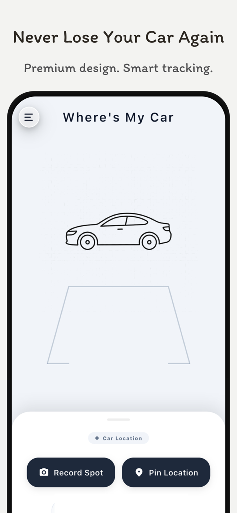 Where's My Car - GPS Tracker - Pantalla de inicio minimalista de la aplicación Dónde Está Mi Coche con opciones de seguimiento de estacionamiento