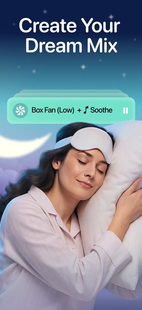 A woman sleeping peacefully with a sleep mask while using the Bedtime Fan app to create a custom sound mix