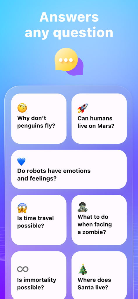 Tweety: AI Content Writer Tool - Pantalla de la aplicación móvil Tweety que muestra una interfaz de chatbot IA que responde a diversas preguntas con tarjetas de indicación visuales.