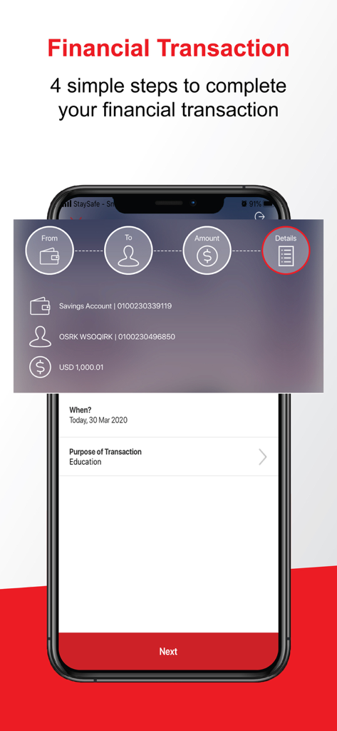 PB engage KH - Mobile screen showing the four steps to complete a financial transaction in the PB engage KH banking app