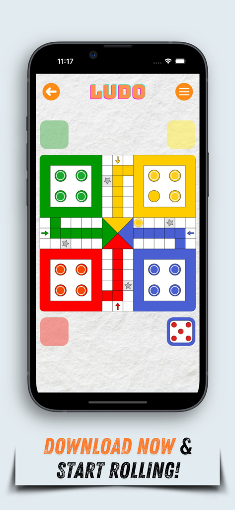Ludo Game Pro - Interfaz de la aplicación móvil Ludo Game Pro que muestra un colorido tablero de ludo clásico con dados
