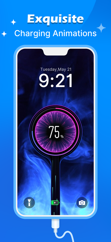 iPhone screen displaying a custom aesthetic charging animation with 75 percent battery status