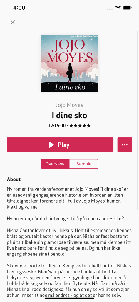 Página de detalles de audiolibro para Jojo Moyes en la aplicación EBOK.NO