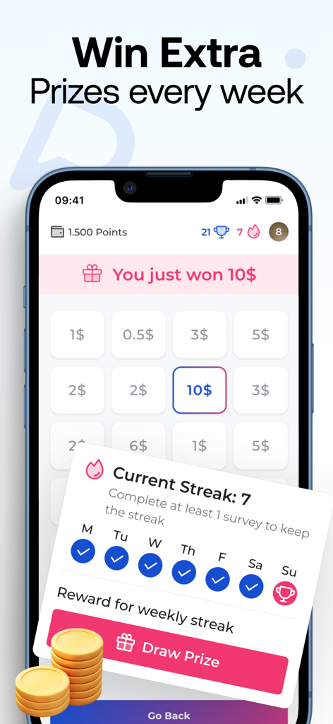 Prime Opinion app screen showing a 7 day survey streak and weekly prize drawing rewards