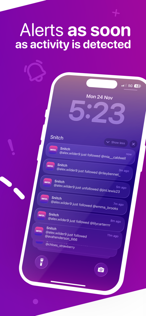 Snitch: Recent Follow Tracker - Smartphone lock screen displaying a series of real-time activity notifications from the Snitch app showing Instagram follow and unfollow updates.