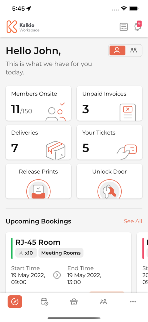 Passport by Nexudus - Passport by Nexudus app dashboard showing workspace members onsite room bookings and invoices