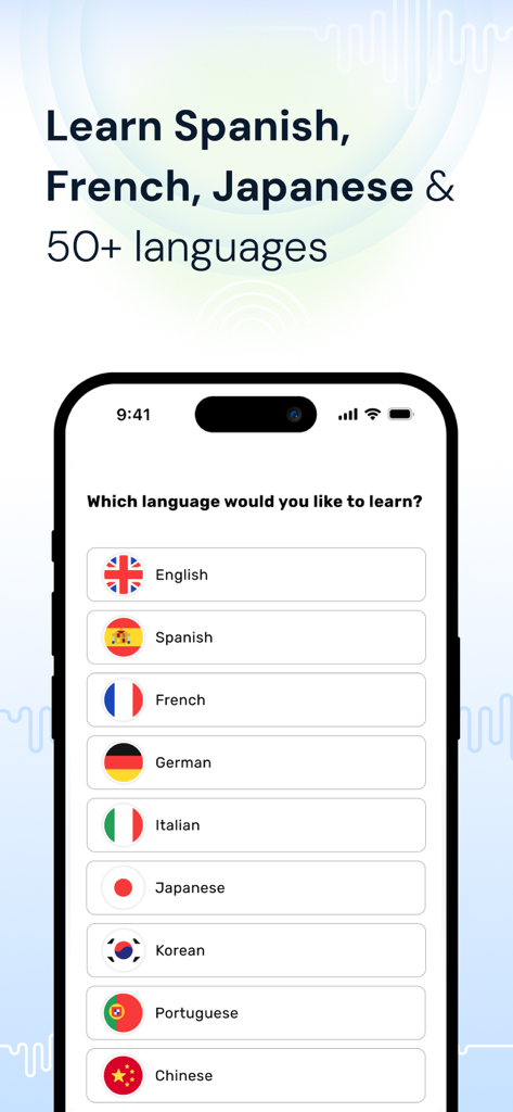 Language selection screen on the LingQ app displaying a list of languages like Spanish French and Japanese with their respective flags