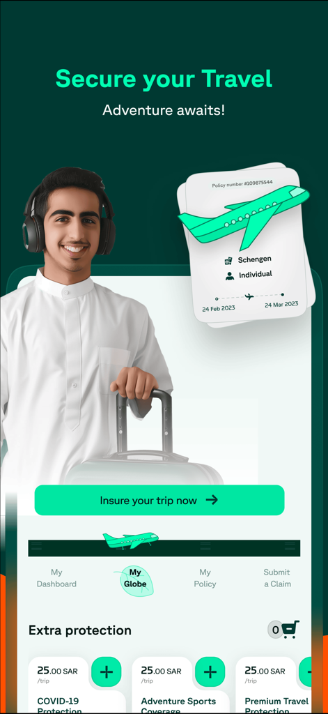 Tree Insurance - Tree Insurance mobile app interface for travel insurance featuring policy details and extra protection options