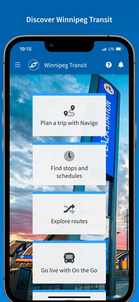 Winnipeg Transit - Winnipeg Transit app home screen showing navigation options for trip planning, schedules, routes, and live tracking
