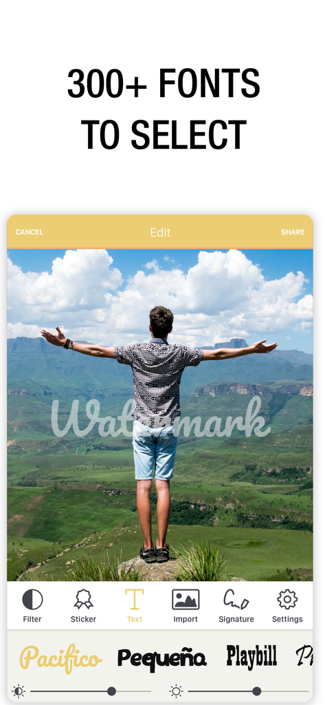 Watermark Maker: Add Signature - Watermark Maker app interface showing a photo with a watermark overlay and various font style options like Pacifico and Playbill