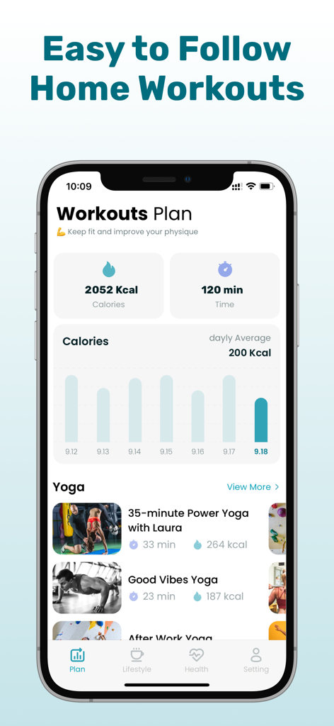 KeepHeart: Pulse Tracker - KeepHeart app interface showing a workout plan with calorie tracking and yoga session options