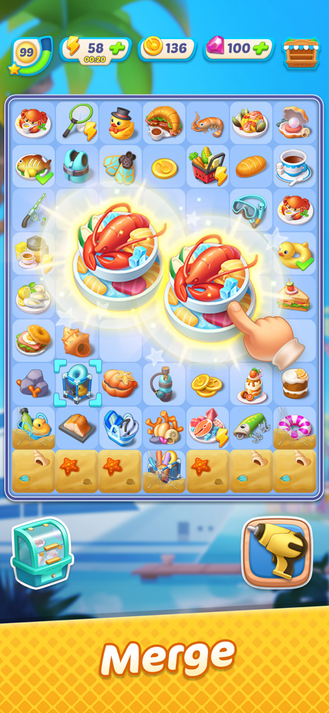 Capture d'écran du gameplay de fusion de deux plats de homard sur une grille de puzzle dans Gossip Harbor