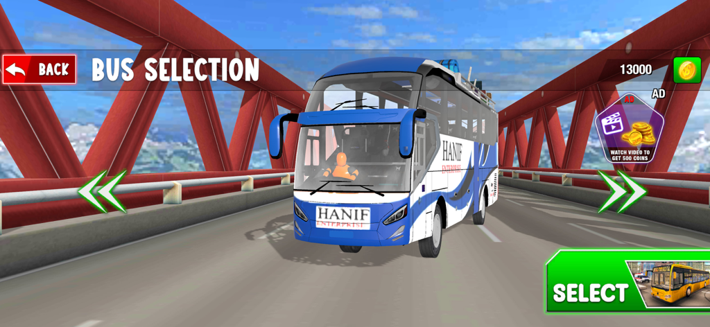 Bus Rage: Smash & Race - Bus selection screen in the game Bus Rage: Smash & Race featuring a blue bus on a bridge.
