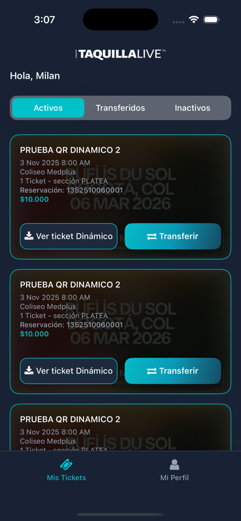 Taquillalive - Interfaz de la aplicación Taquillalive que muestra las entradas activas para eventos con opciones para códigos QR dinámicos y transferencias de entradas.