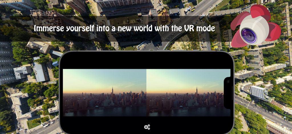 Litchi for DJI Drones - Smartphone che mostra la modalità VR dell'app Litchi con una vista a schermo diviso dello skyline di una città
