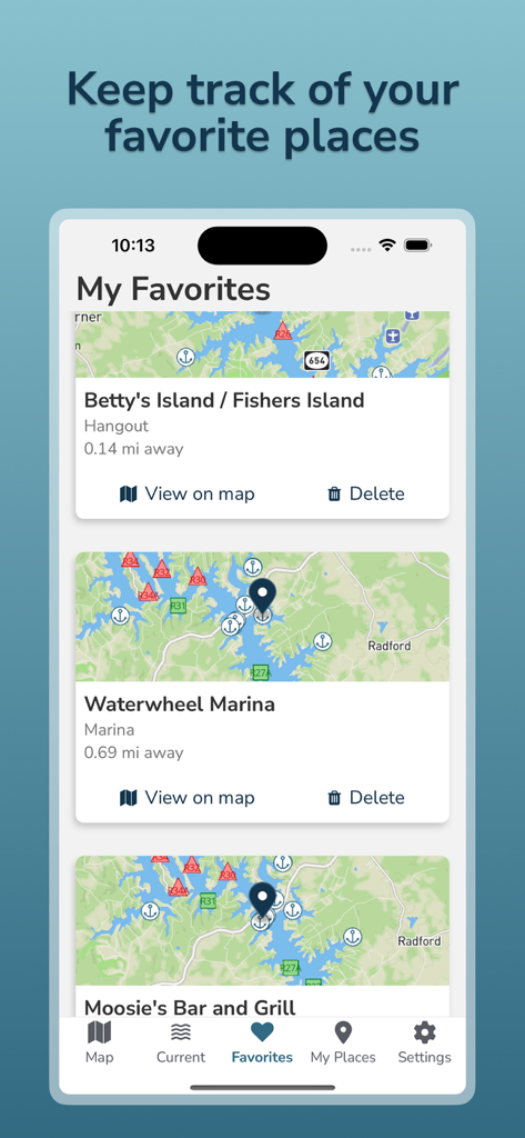 Float SML - La aplicación Float SML muestra una lista de ubicaciones favoritas en Smith Mountain Lake.