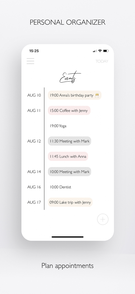 PLANBELLA - Planner App - Planbella app showing a minimalist event list with pastel color coding