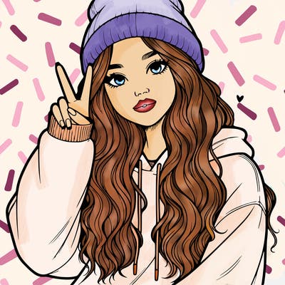 a teenage girl in a beanie, oversized sweatshirt, wavy long hair, and is showing a ✌️