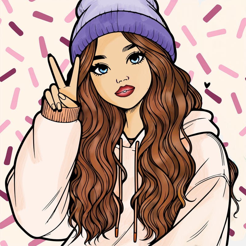 a teenage girl in a beanie, oversized sweatshirt, wavy long hair, and is showing a ✌️