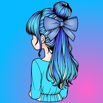 realistic girl  with hip length hair a bun and a big bow on the back of head