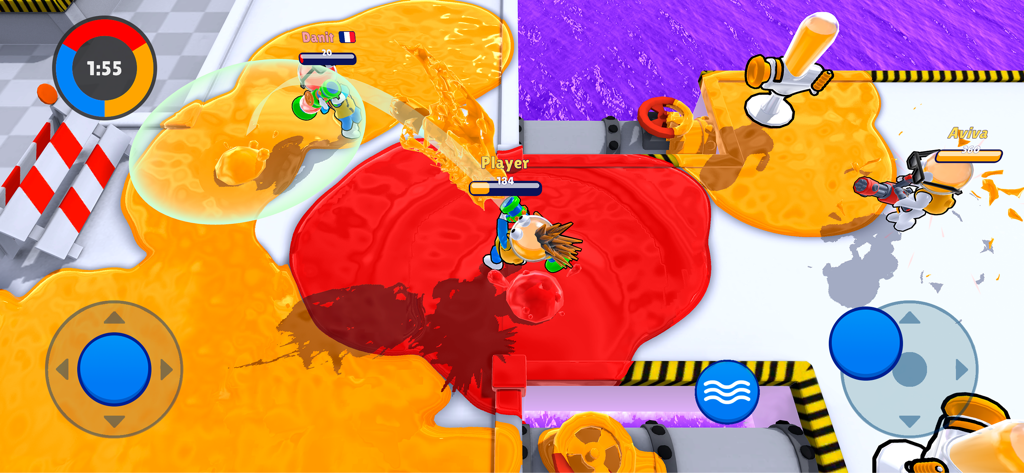 Dye Hard - Color War - Top down view of players in a three team color war battle using paint guns to capture territory with fluid simulation effects