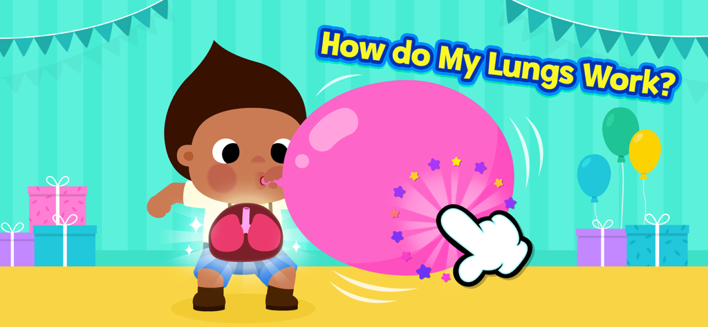 Cartoon boy character blowing into a pink balloon to demonstrate how lungs work in an educational game