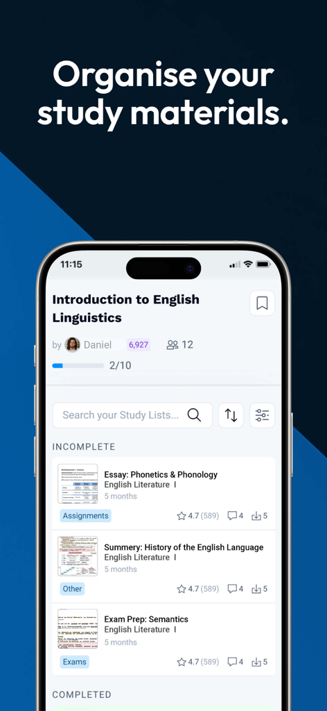Studydrive: Study & Flashcards - Interfaccia mobile di Studydrive che mostra un elenco di appunti di studio organizzati e preparazione agli esami per un corso di linguistica inglese.