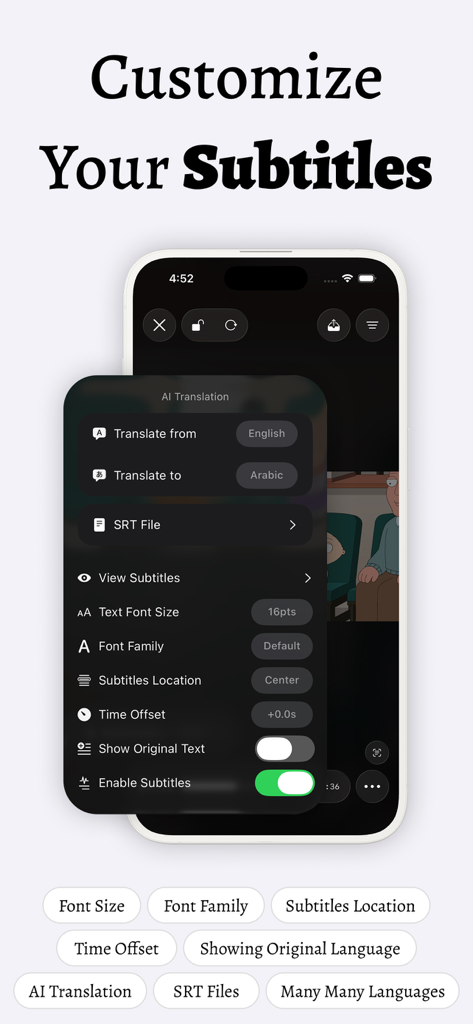 Sub AI - Video Translator - Interface de l'application Sub AI montrant les options de personnalisation des sous-titres, y compris la taille de la police de traduction IA et le décalage temporel sur un appareil mobile
