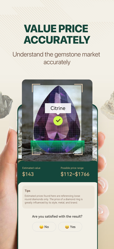 Rock Master app interface showing a citrine gemstone identification with estimated market value and price range