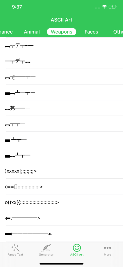 Fancy Text Symbols - A list of weapon-themed ASCII art symbols for gaming nicknames and social media bios.
