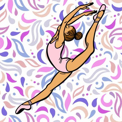 gymnast doing a leap in a leotard with a bent back leg