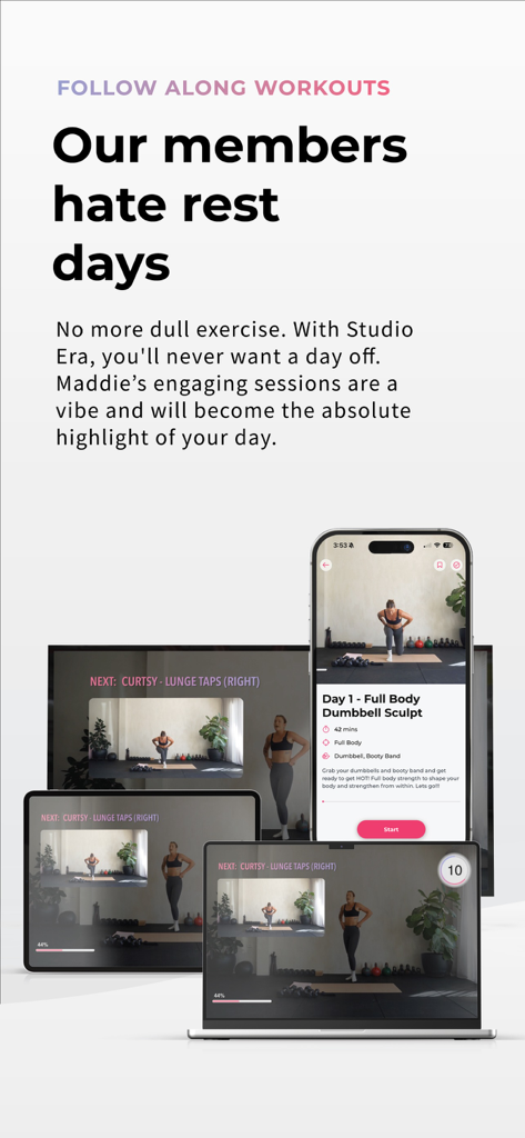 Studio Era app displaying follow along home workouts on multiple devices