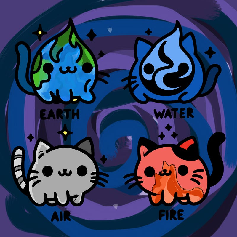 4 cats that represent the different elements, earth, water, air, and fire