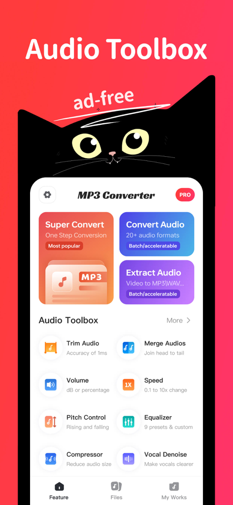 MP3 Converter app showing the Audio Toolbox interface with extraction and editing tools