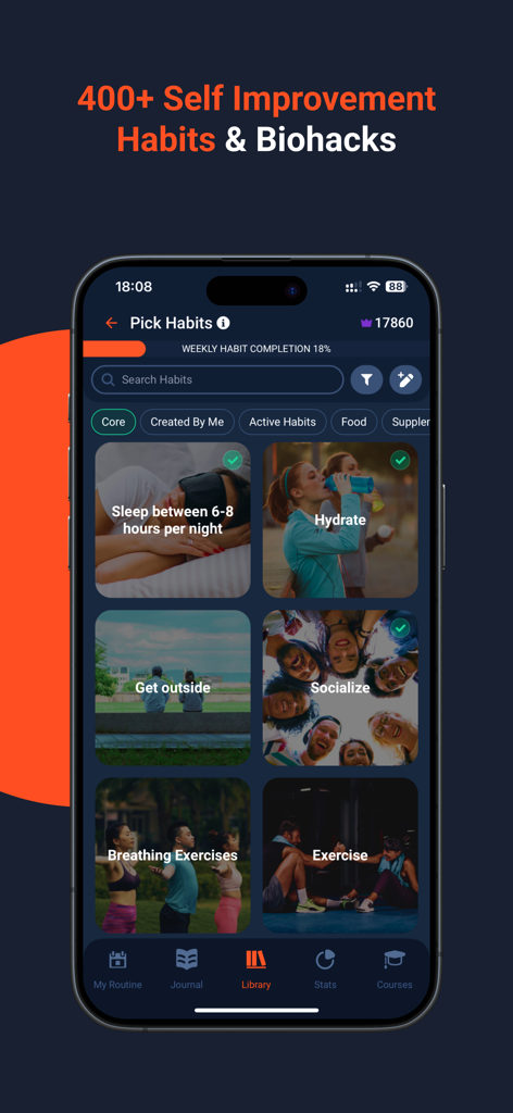Ultiself Mobile App-Oberfläche zeigt eine Bibliothek mit über 400 Selbstverbesserungsgewohnheiten und Biohacks