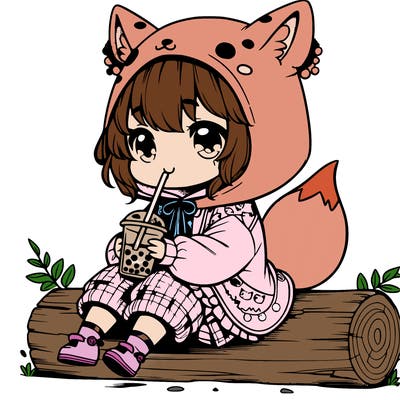 a cute anime realistic girl who is wearing a cute fox onesie and is drinking boba sitting on a log