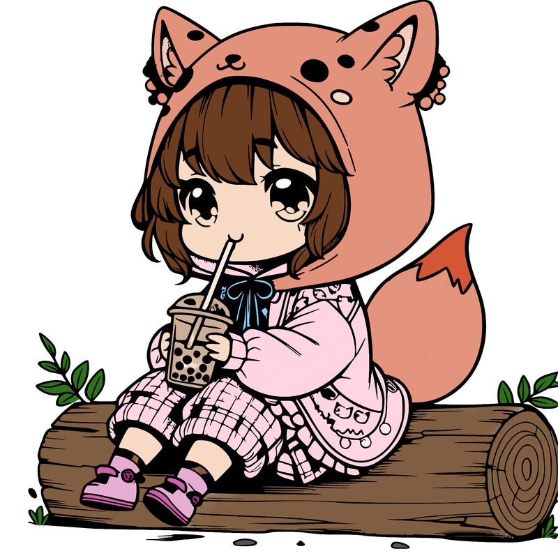 a cute anime realistic girl who is wearing a cute fox onesie and is drinking boba sitting on a log