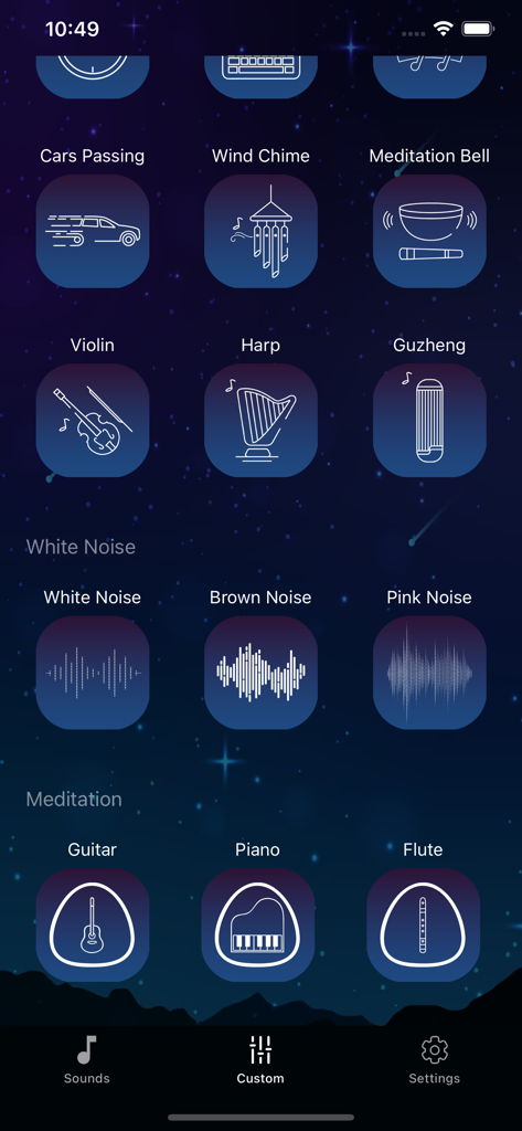 Sleep Sounds app screen showing various sound icons like instruments and white noise for custom mixing.