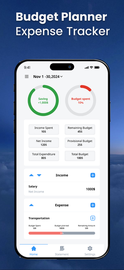 Interfaz de la aplicación Planificador de Presupuestos y Rastreador de Gastos que muestra un resumen financiero mensual con gráficos y gastos categorizados