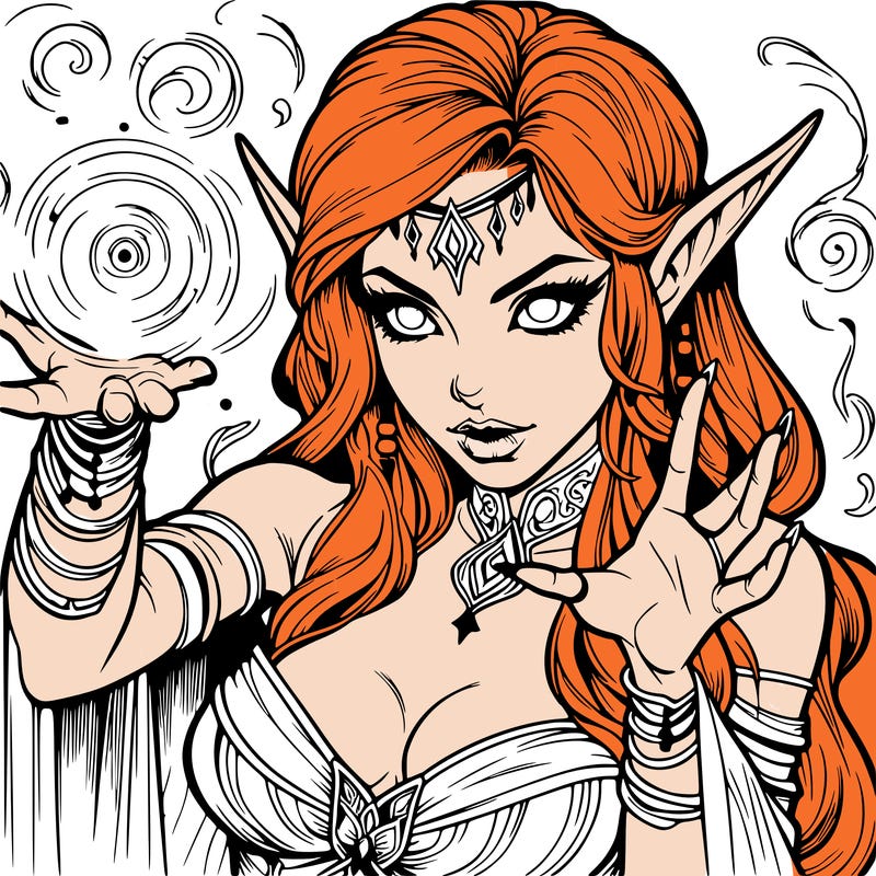 realistic scary beautiful elf sorceress casting spell