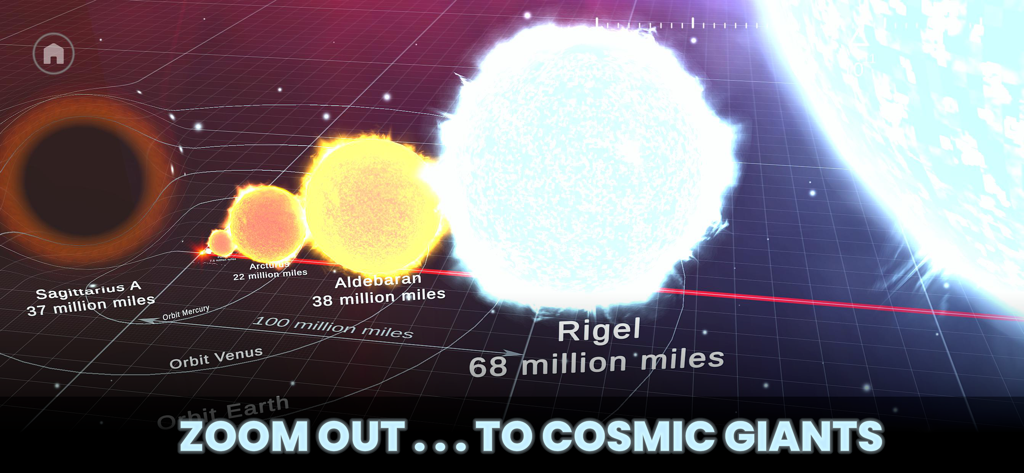 Univerzoom 3D - Explore Scale - A 3D scale comparison of cosmic giants including Rigel and Aldebaran in the Univerzoom app