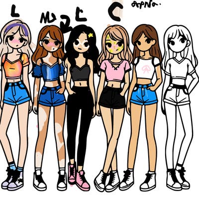 a group of girls wearing crop tops and shorts